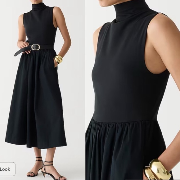 J. Crew Bestseller Mockneck Dress with Poplin Skirt Black Various BY263 - Picture 2 of 13